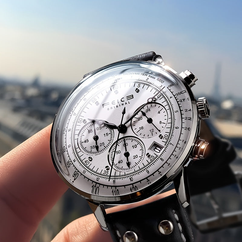 FEICE Brand Aviator Series Hyperbolic Mirror Multifunctional Retro Trend College Style Men's Watches Cowhide Strap Quartz Men's Watches Waterproof Gift For Boyfriend Calendar Running Seconds Chronograph 24 Hours Indication