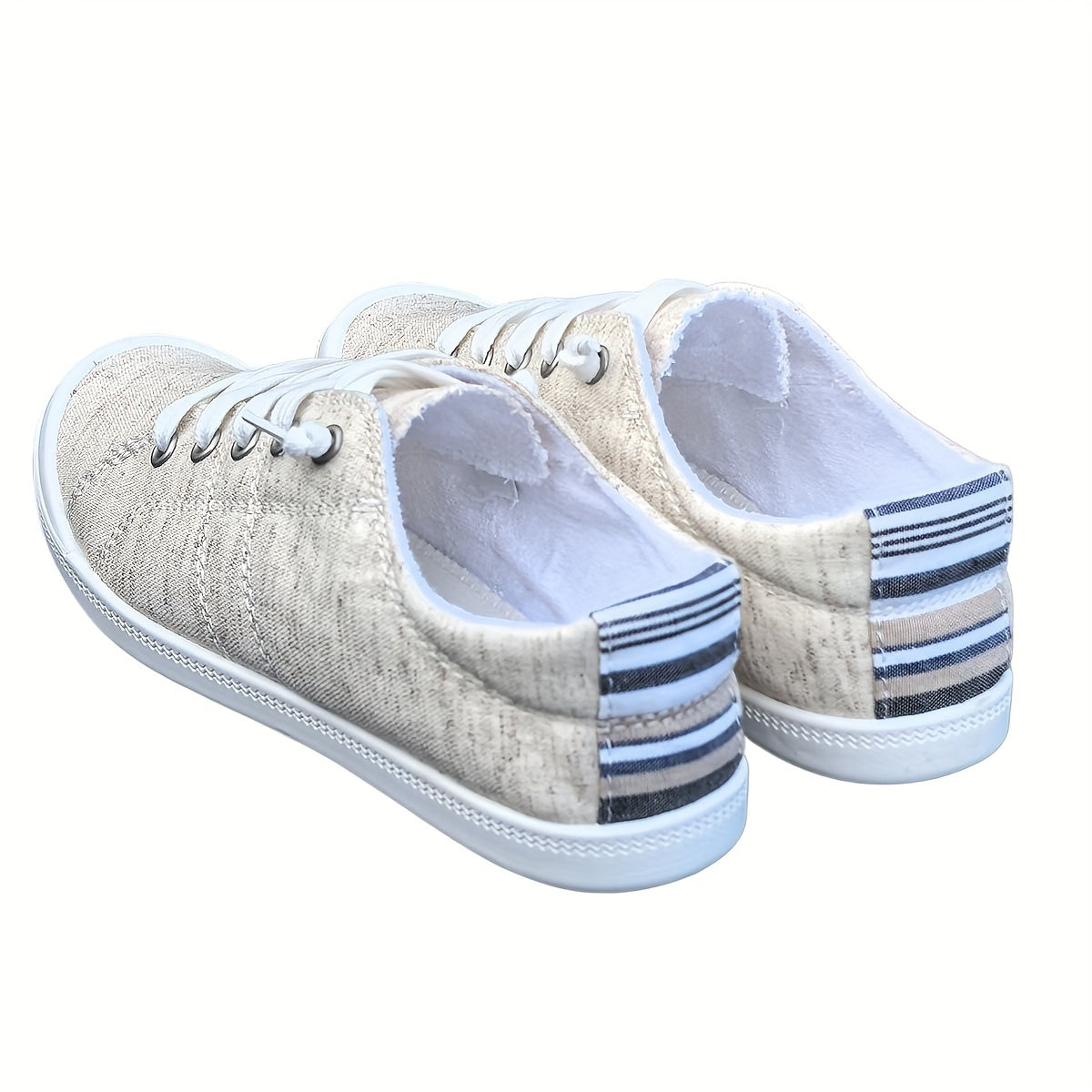 Women's New Flax Material Flat Casual Canvas Shoes, Cream-colored Comfortable Shallow-mouth Laces Low-top Soft-soled Light Breathable Large Women's Shoes