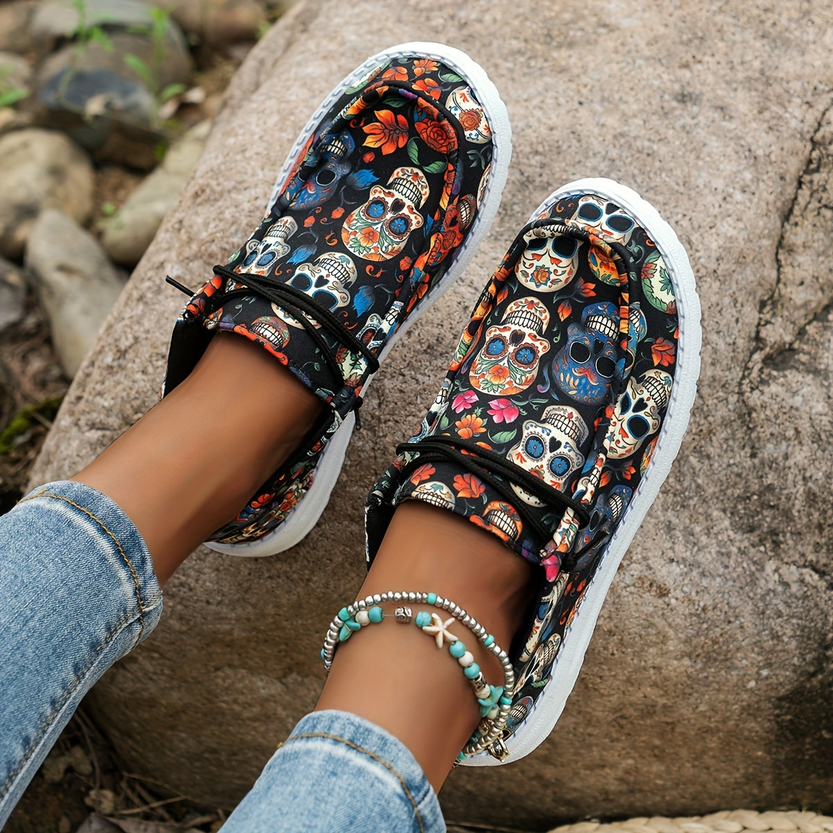 Women's Shoes Holiday Loafers, Breathable Non-slip Canvas Shoes, Skull Pattern Casual Halloween Elastic Strap Easy To Wear Flat