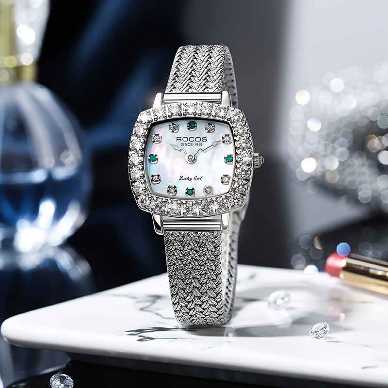 ROCOS Heartwarming Signal Series Fashion Luxury Women'S Watches Square Simple Wristwatch Elegant Rhinestones Watches For Women Quartz Watches Love Heart Hands Dazzling Colour Dial Silvery Steel Strap Gifts For Women R0264