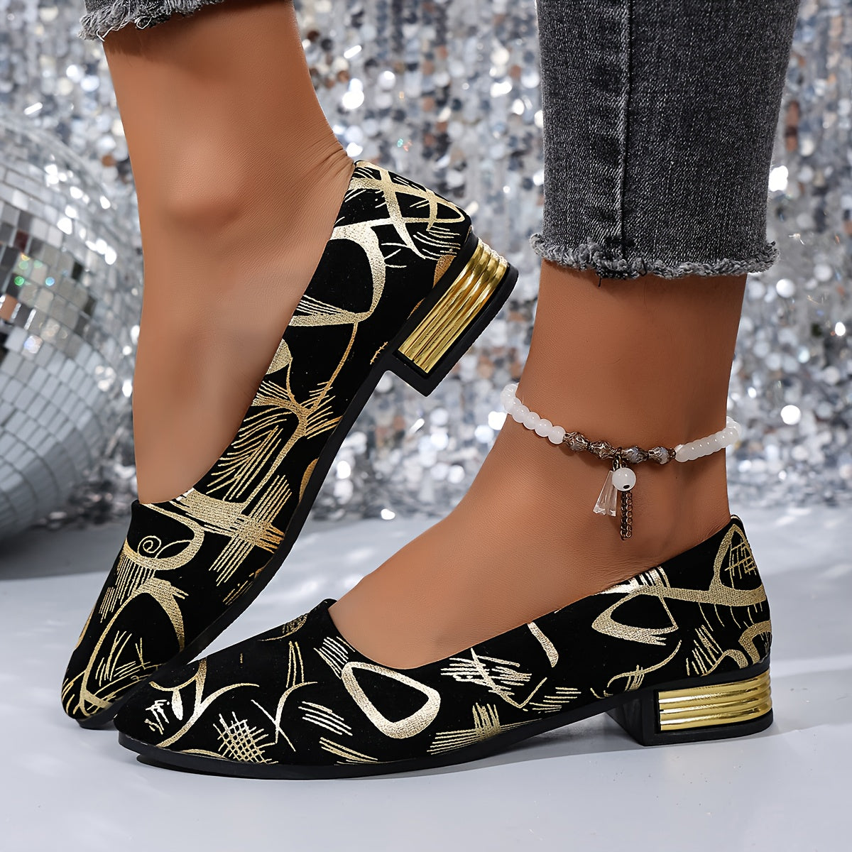 Fashion Women's Shoes, Low-heeled Single Shoes, Ladies' Stylish Single Shoes, Printed Four-season Low-heeled Trendy Women's Shoes