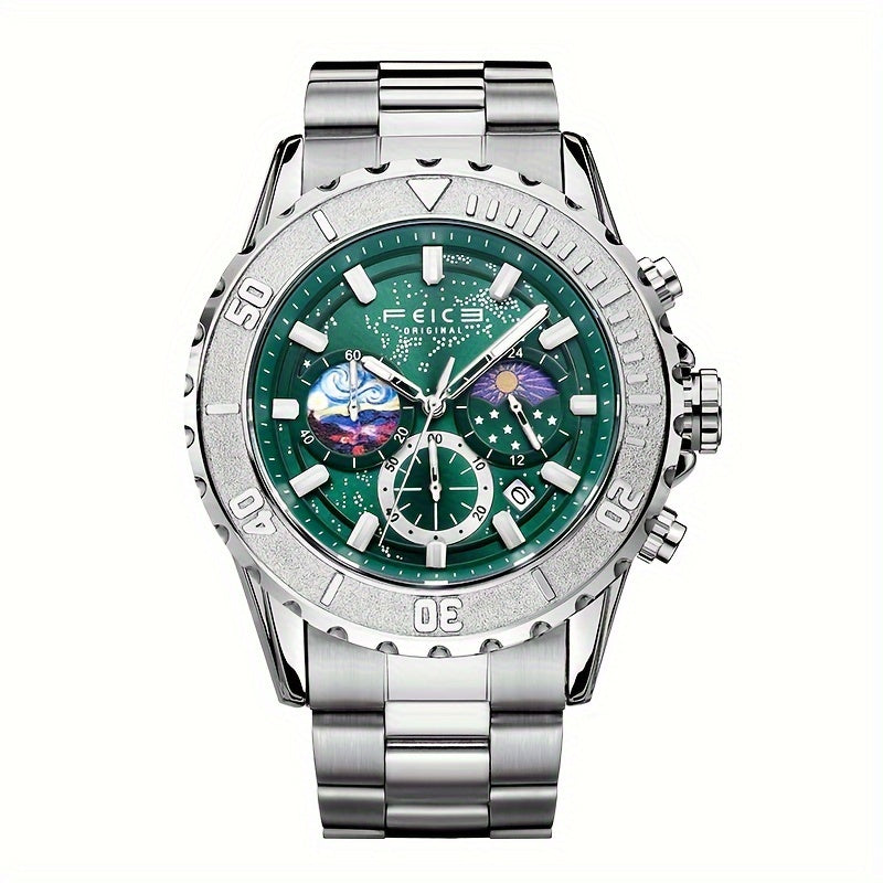 FEICE Brand Sun, Moon And Stars Strong Luminescence Multi-function Three-eye Chronograph Men'S Watches Sports Trend Star Quartz Watch Steel Belt Men'S Watches Gifts For Boyfriends