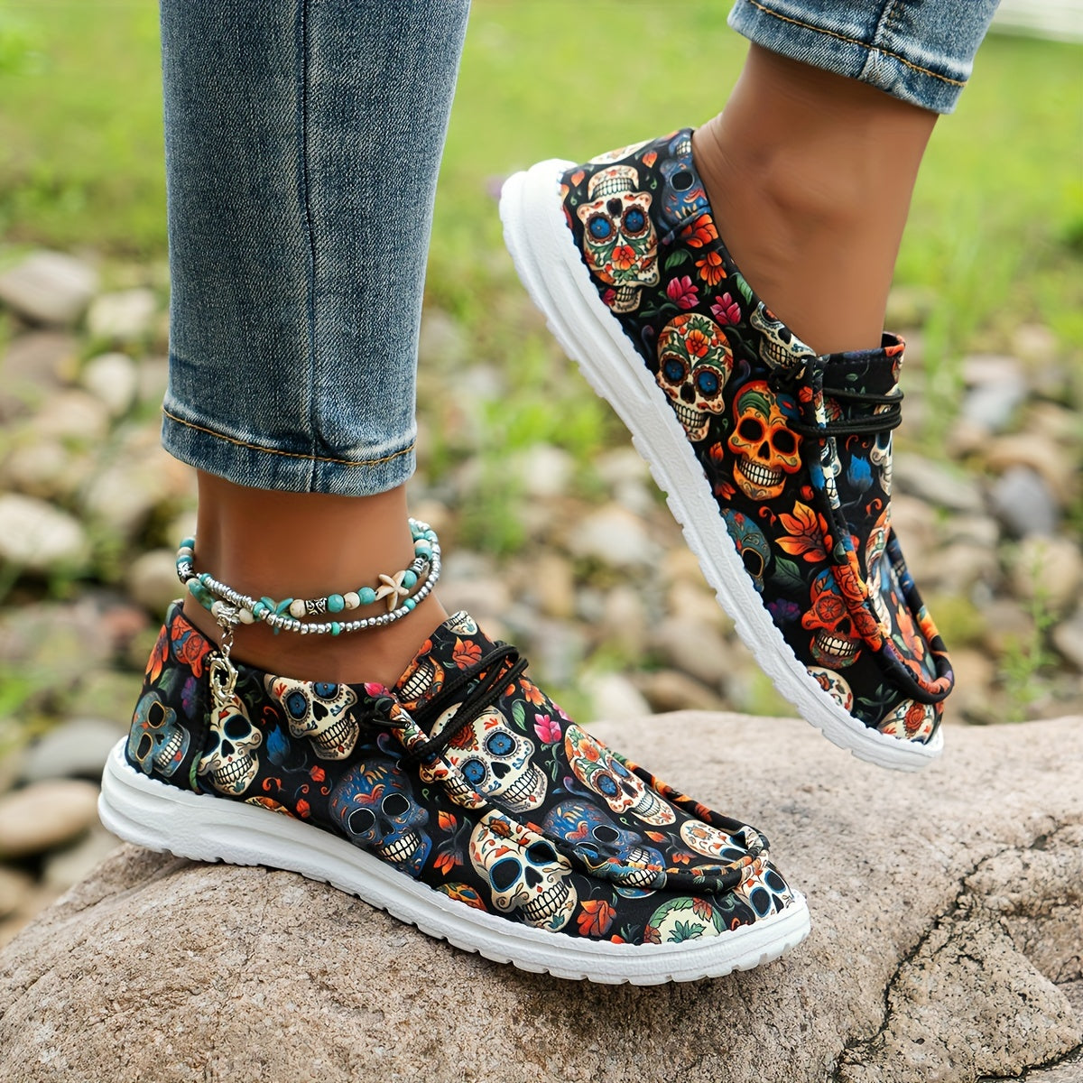 Women's Shoes Holiday Loafers, Breathable Non-slip Canvas Shoes, Skull Pattern Casual Halloween Elastic Strap Easy To Wear Flat