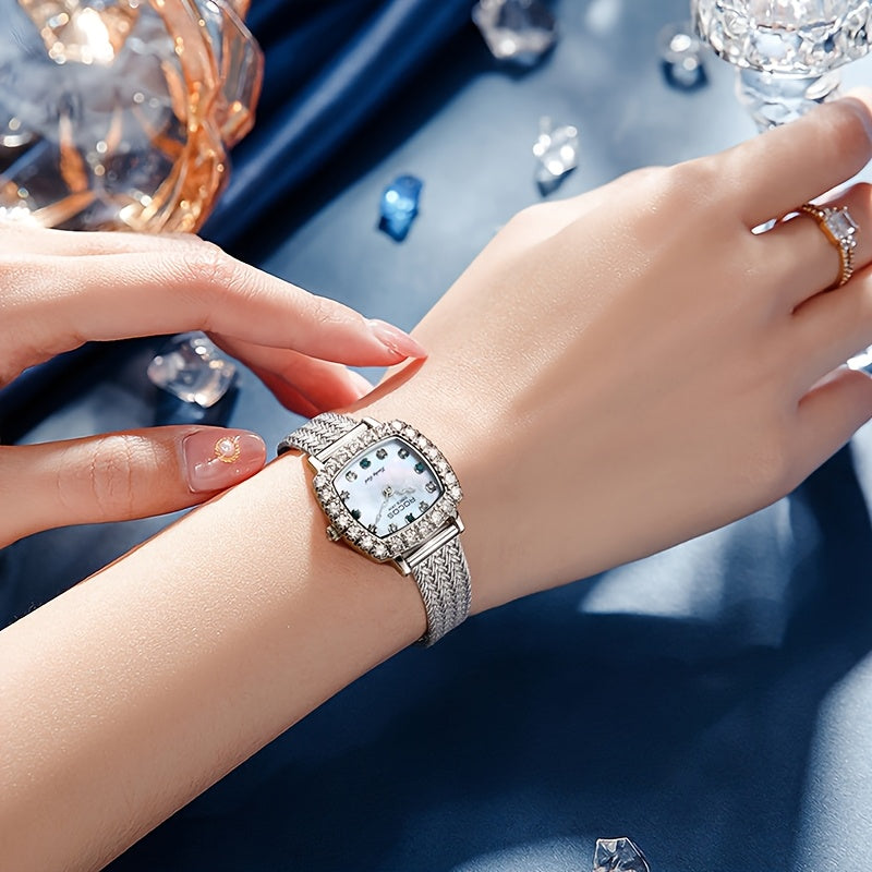 ROCOS Heartwarming Signal Series Fashion Luxury Women'S Watches Square Simple Wristwatch Elegant Rhinestones Watches For Women Quartz Watches Love Heart Hands Dazzling Colour Dial Silvery Steel Strap Gifts For Women R0264