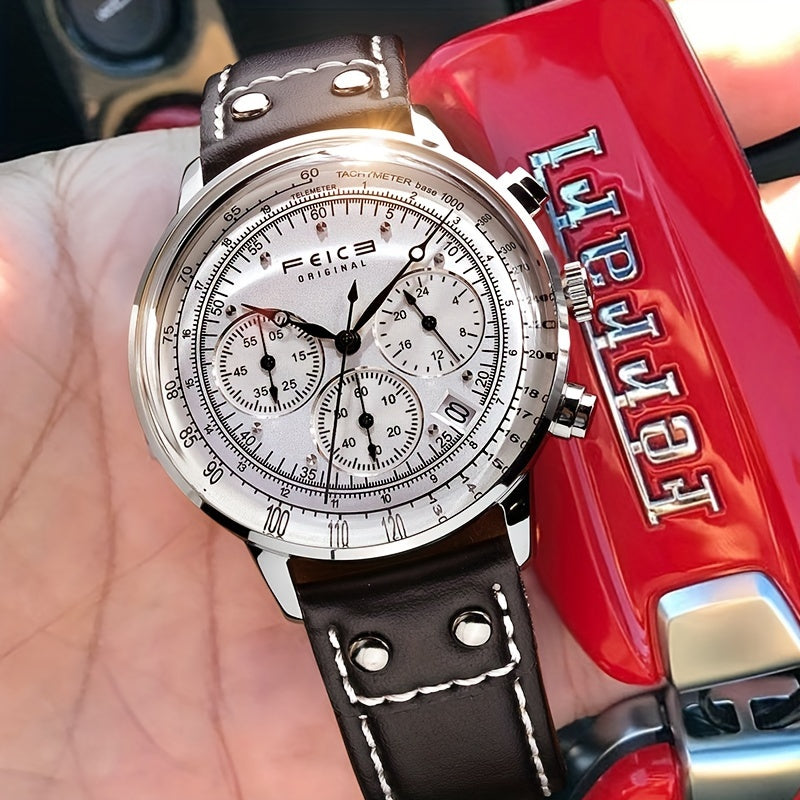 FEICE Brand Aviator Series Hyperbolic Mirror Multifunctional Retro Trend College Style Men's Watches Cowhide Strap Quartz Men's Watches Waterproof Gift For Boyfriend Calendar Running Seconds Chronograph 24 Hours Indication