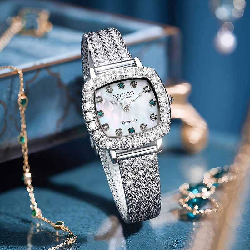 ROCOS Heartwarming Signal Series Fashion Luxury Women'S Watches Square Simple Wristwatch Elegant Rhinestones Watches For Women Quartz Watches Love Heart Hands Dazzling Colour Dial Silvery Steel Strap Gifts For Women R0264