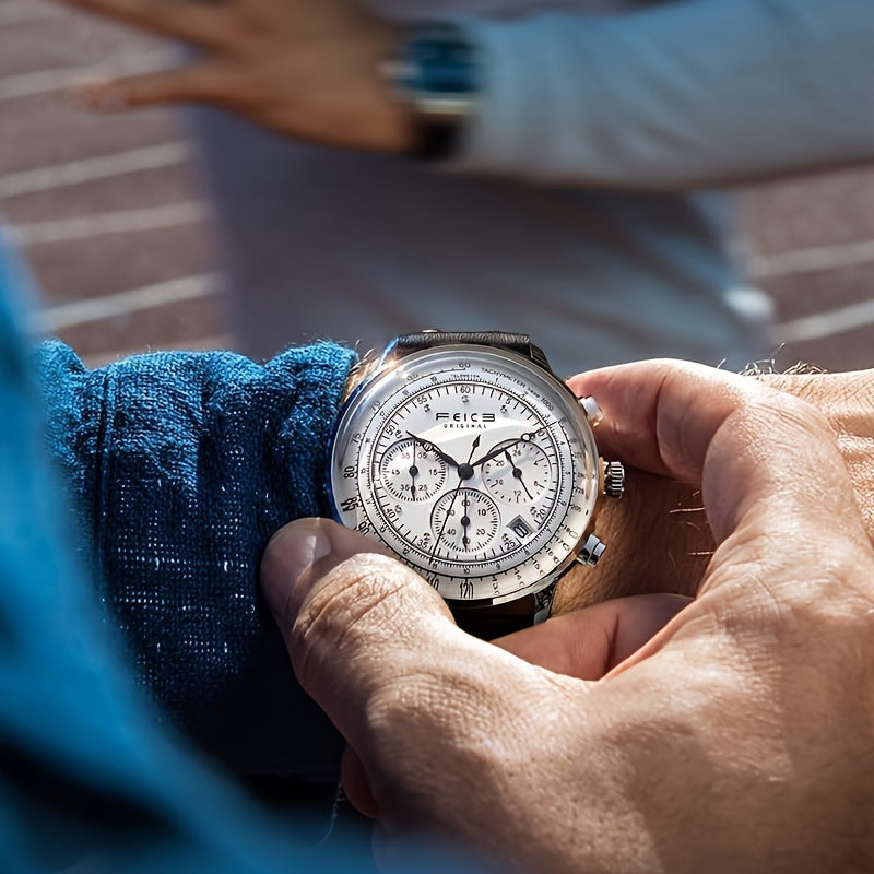 FEICE Brand Aviator Series Hyperbolic Mirror Multifunctional Retro Trend College Style Men's Watches Cowhide Strap Quartz Men's Watches Waterproof Gift For Boyfriend Calendar Running Seconds Chronograph 24 Hours Indication
