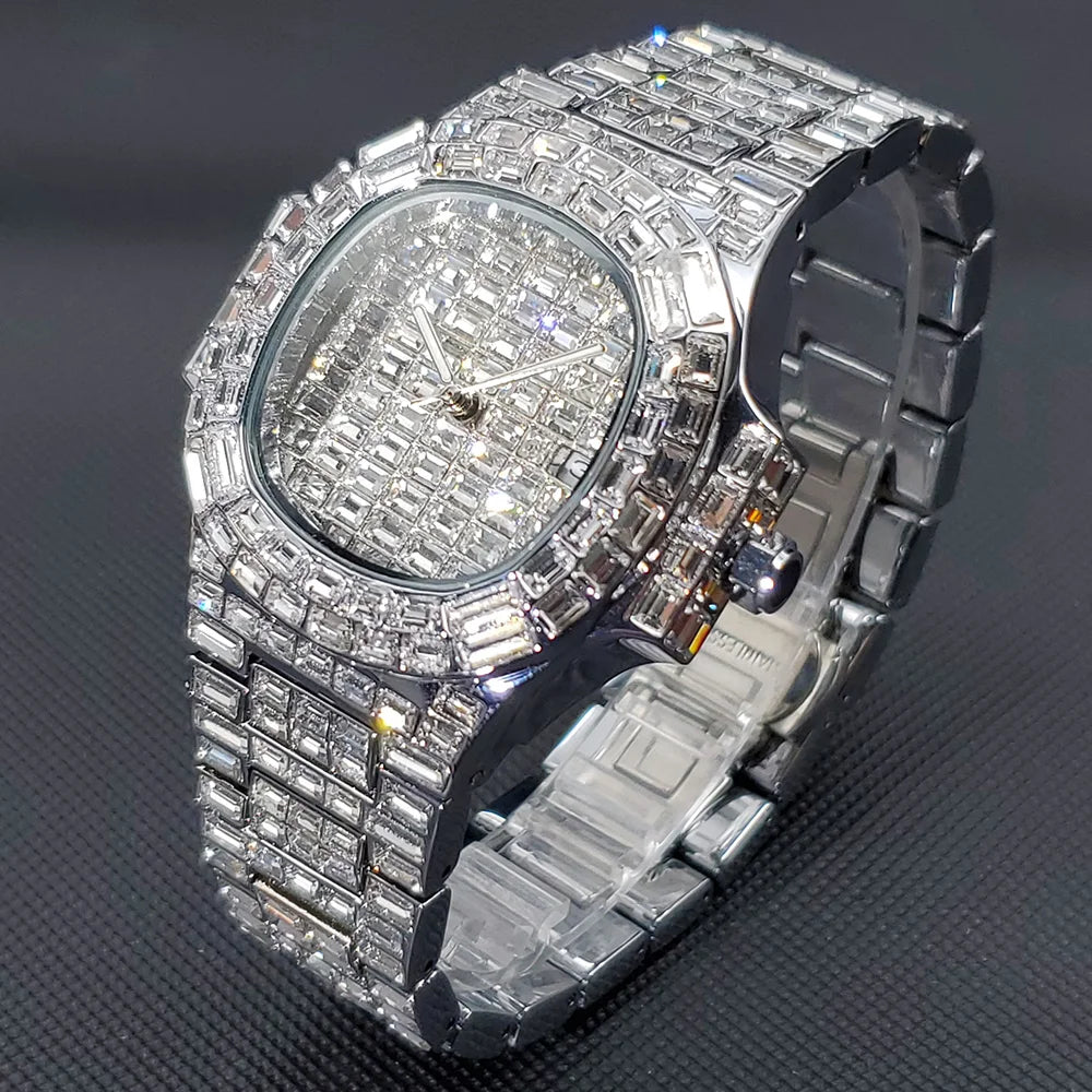 MISSFOX New Ice Out Watches For Men Top Brand Stainless Steel Automaitc Date Clock Fashion Hip Hop Full Diamond Bling Watch Male