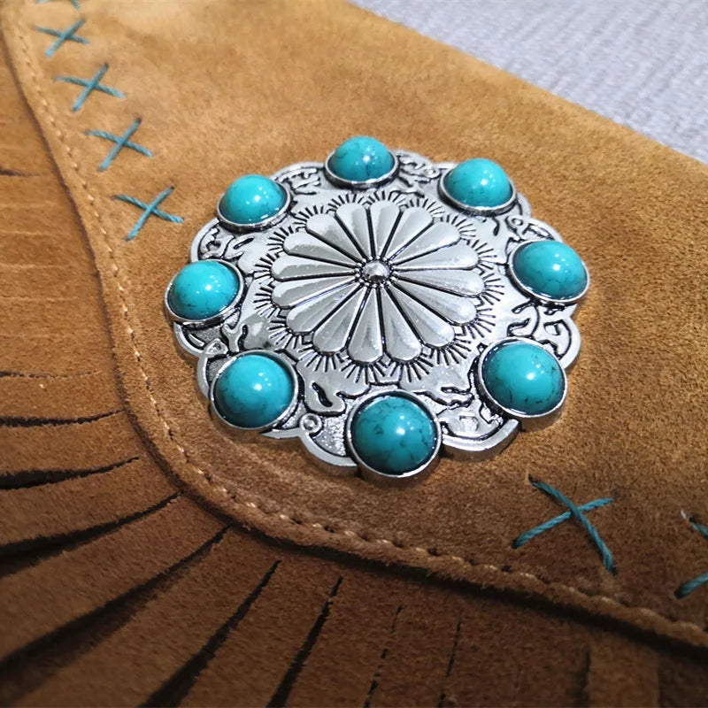 Female Genuine Leather Bohemian Gypsy Handbag 2025 Fashion Natural Suede Fringes Tribal Boho Chic Small Messenger Bag for Women