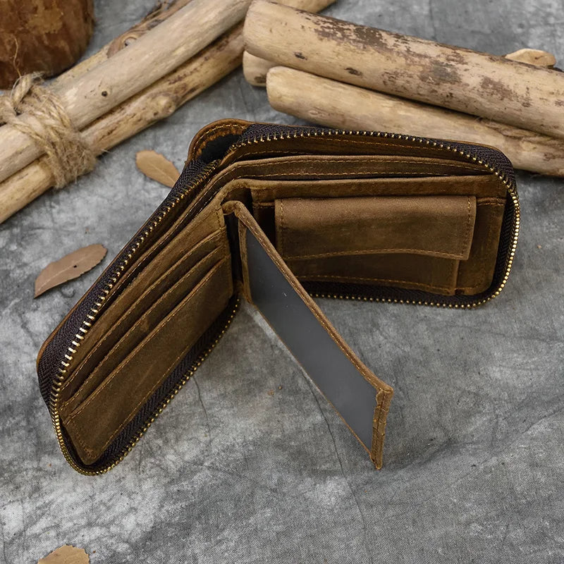 Luufan Genuine Leather Short Wallet Men Women Natural Cowskin Short Purse With Coin Pocket Zipper Around Card Purse Small Wallet