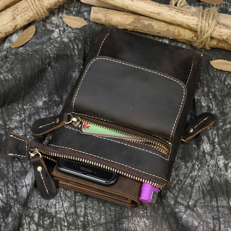 Crazy Horse Leather Waist Belt Bag Multifunction Casual Daily wait pack Small Messenger Shoulder Bag mini Designer Phone Pouch