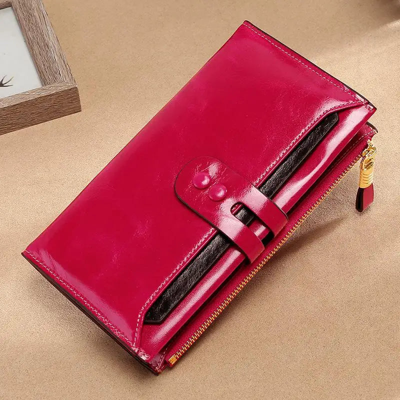 RFID Blocking Genuine Leather Women Wallet Long Lady Leather Purse Brand Design Luxury Oil Wax Leather Female Wallet Coin Purse
