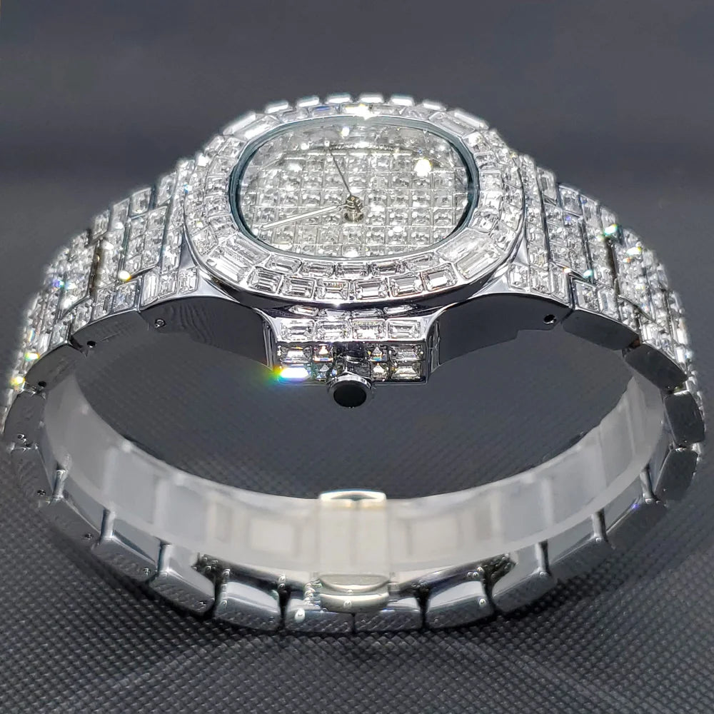 MISSFOX New Ice Out Watches For Men Top Brand Stainless Steel Automaitc Date Clock Fashion Hip Hop Full Diamond Bling Watch Male