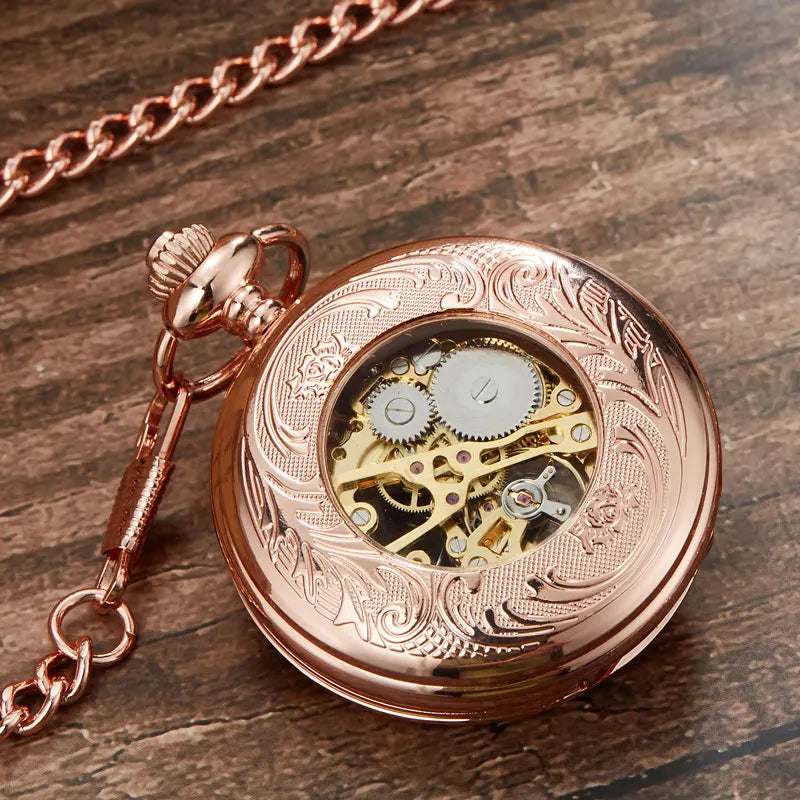 2023 Mechanical Pocket Watch Steampunk Pendent Chains Gold Skeleton Hand-winding Fob Watch Men Women Xmas gifts