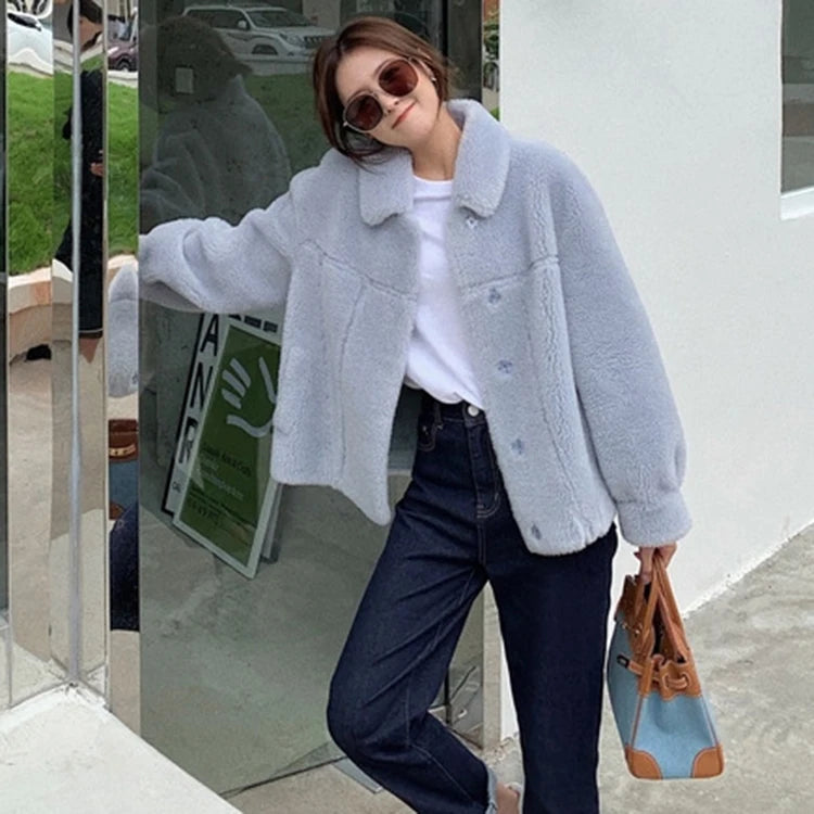 100% Wool Coat 2024 Autumn Winter Women Solid Lamb Fur Jacket Mujer One Fur Thick Warm Korean Sheep Shearing Short Manteau Femme