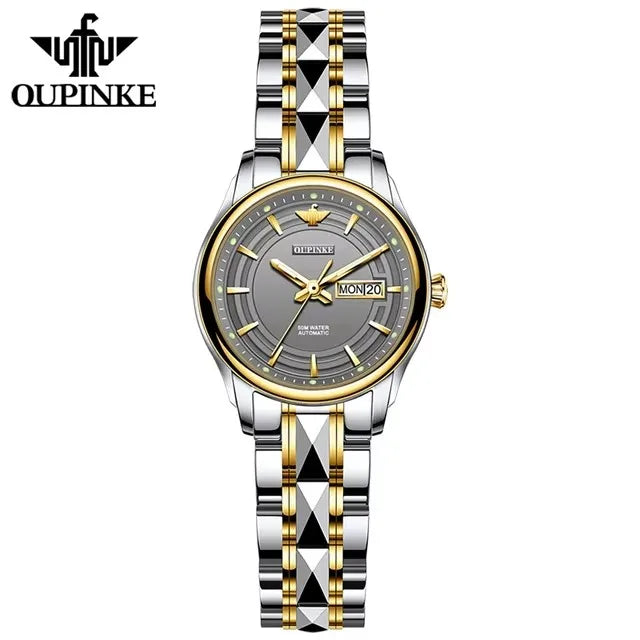 OUPINKE 3170 Women's Watches Fashion Tungsten Steel Strap Waterproof Dual Calendar Ladies Wristwatches Automatic Mechanical Watch