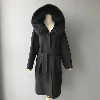 2024 Real Fur Coat Hood Winter Jacket Women 100% Natural Fox Fur Collar Cuffs Cashmere Wool Blend Oversize Outerwear New Loose