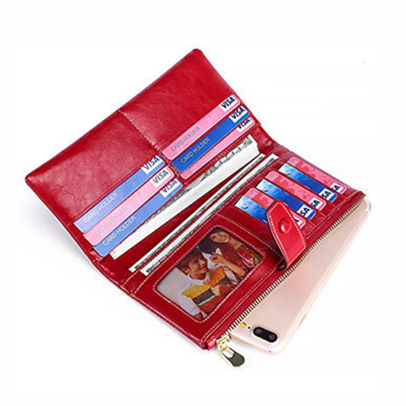 Genuine Leather Women Wallets Solid Purse Female Leather Long Womens Leather Wallet With Phone Case Coin Pokect Cartera Mujer