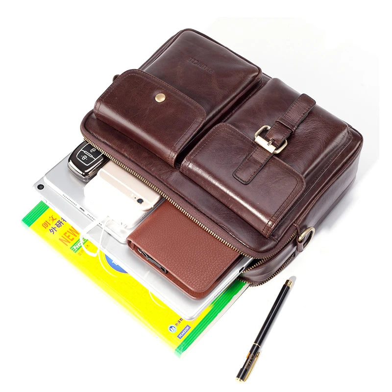 Men's Genuine Leather Shoulder Bag Fashion Male Real Cowhide Messenger Crossbody Bag Men Business Travel Handbag Boy Phone Bag