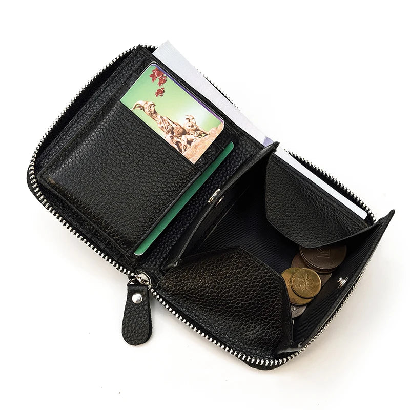 Luufan Genuine Leather Short Wallet Men Women Natural Cowskin Short Purse With Coin Pocket Zipper Around Card Purse Small Wallet