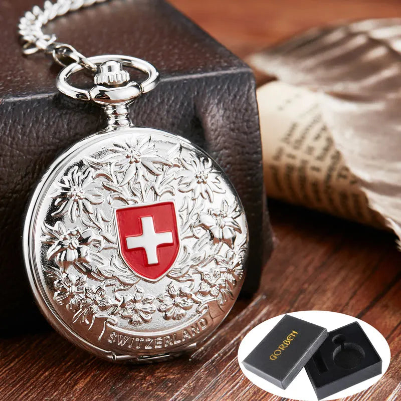 Retro Mechanical Pocket Watch Red Cross Hand-winding Silver Edelweiss Sculpture Hollow Vintage Skeleton Watches Men FOB Chain