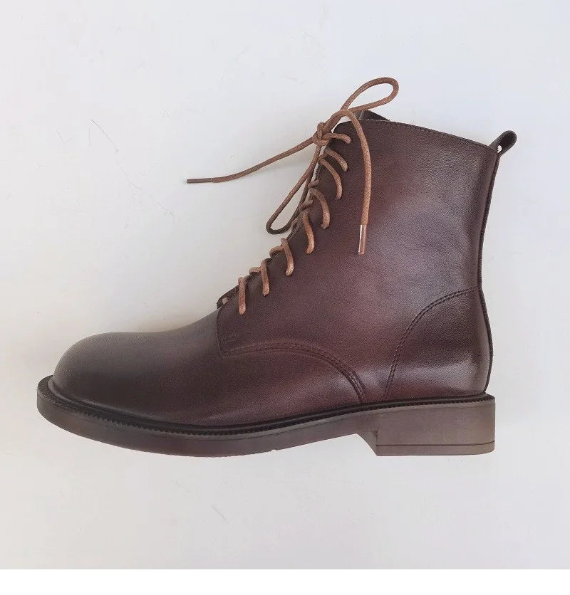 Careaymade-Genuine Leather women's boots,retro literature art big head wide edition medium short wool boots warm Casual boots
