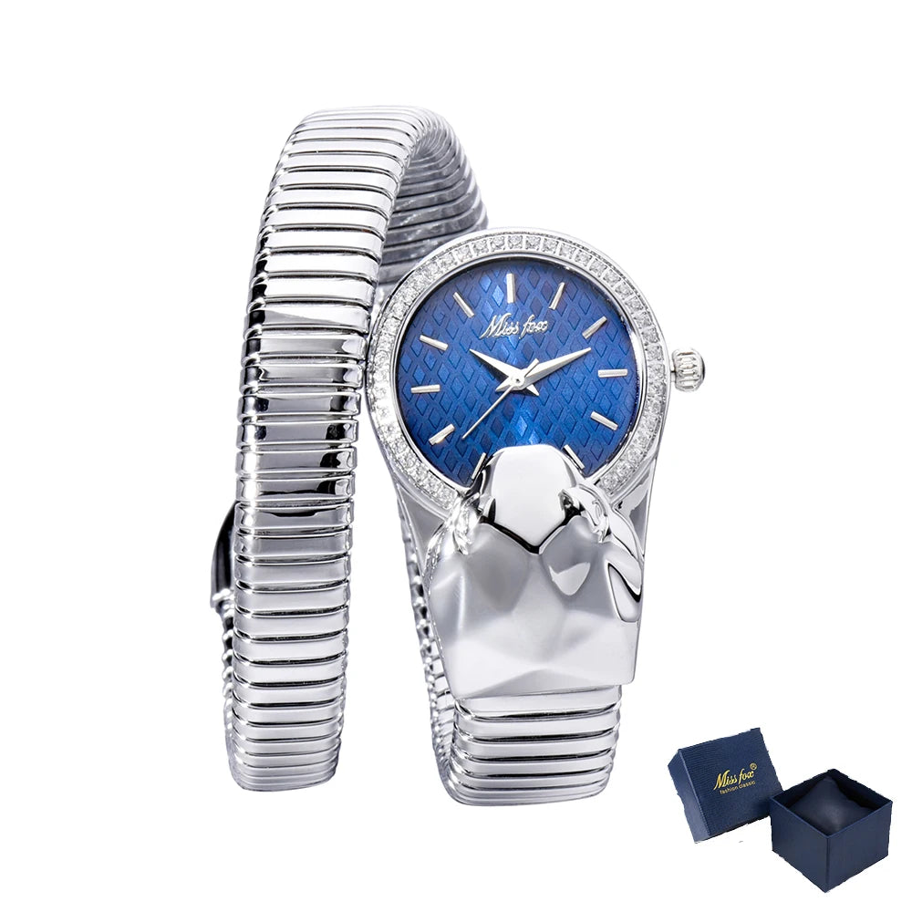 MISSFOX Snake Shape Diamond Watch For Women Luxury Brand Red Dial Ladies Gold Iced Out Watch Analog Quartz Movt Unique Watch