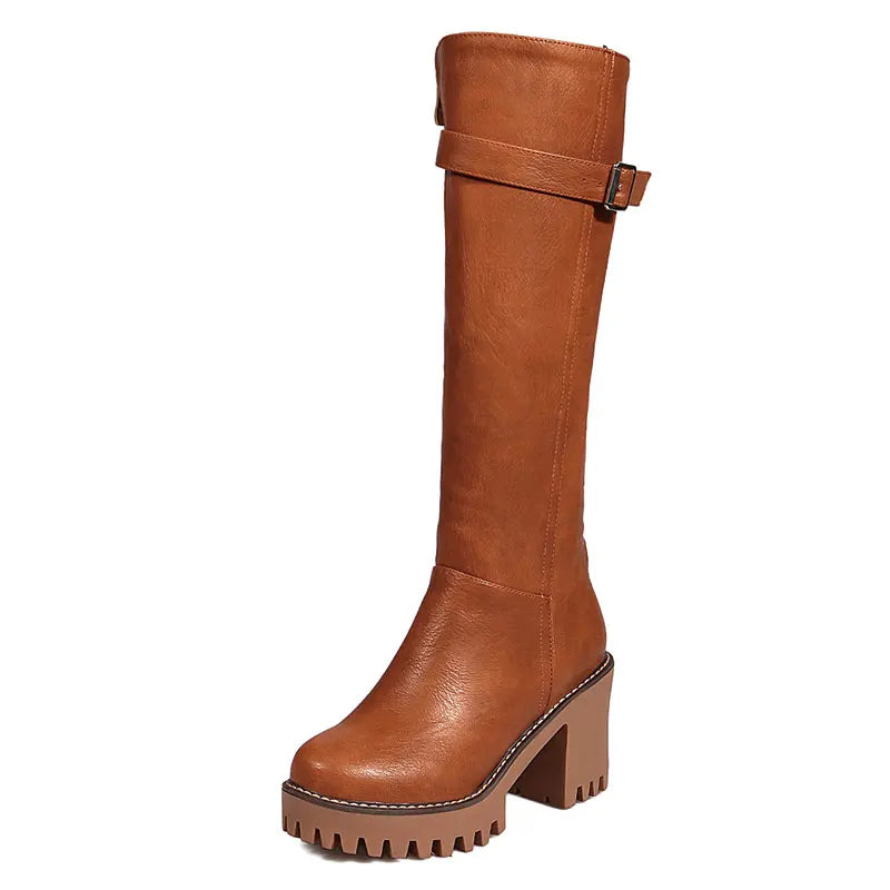 Lasyarrow Women Knee high Boots Autumn Winter Lace Up Thick High Heel Shoes Sexy punk PU Retro Buckle women shoes Ladies Boots