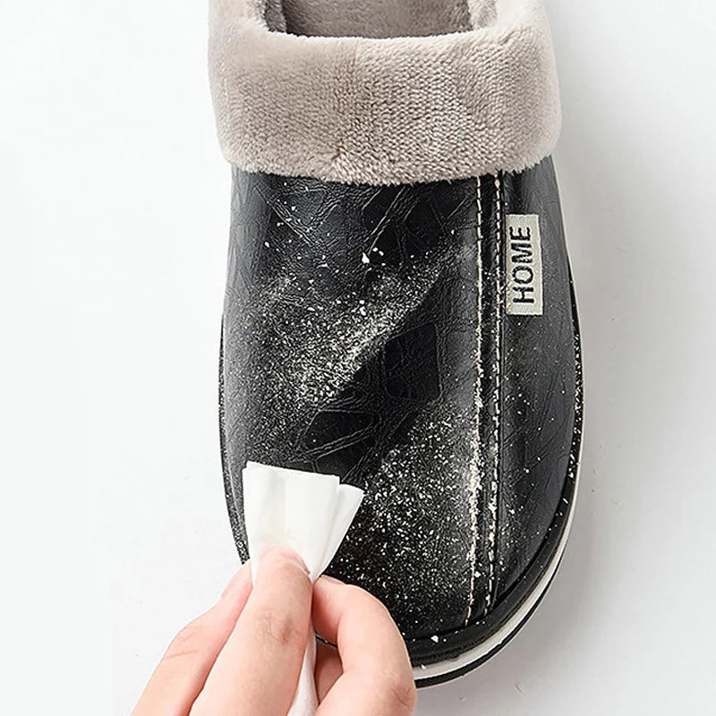 New Women Winter Slippers Indoor PU Leather Waterproof Cotton slippers Warm Home Fur Couple Non-slip Slipper Platform Shoes
