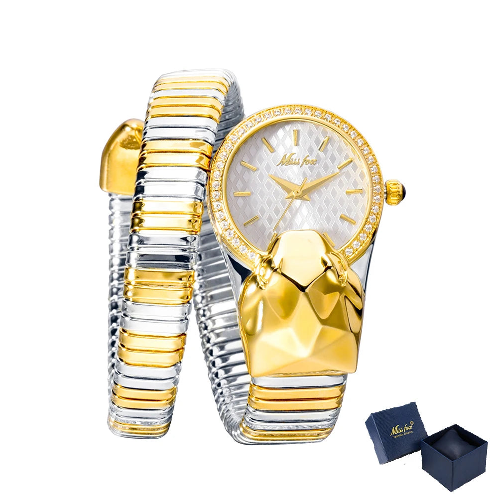 MISSFOX Snake Shape Diamond Watch For Women Luxury Brand Red Dial Ladies Gold Iced Out Watch Analog Quartz Movt Unique Watch