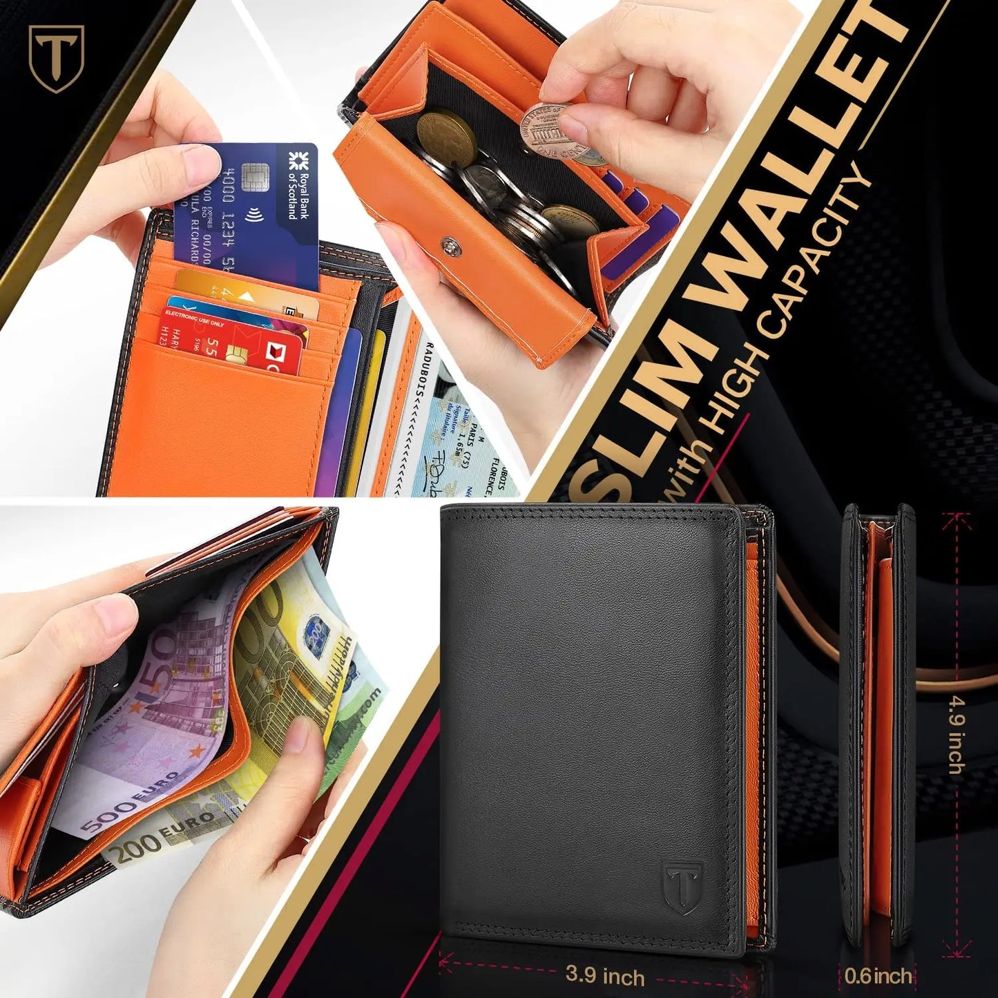 Men's RFID-Blocking Genuine Leather Wallet featuring 12 Credit Card Slots, Coin Pocket, 2 Banknote Compartments, and an ID Windo