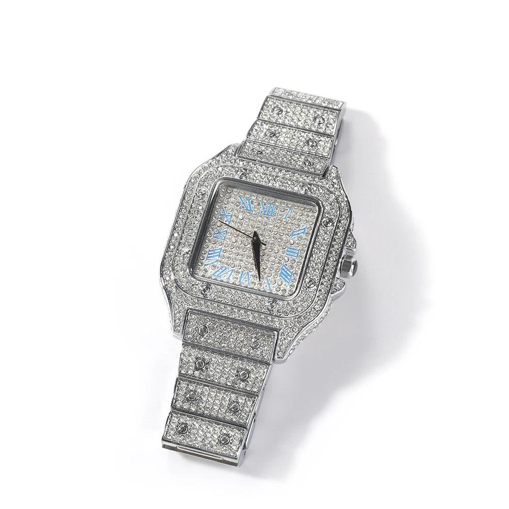THE BLING KING Iced Out Men Watch Square Diamond Pink Blue Numbers Quartz Luxury Wrist Watches Roman Clock Relogio Masculino