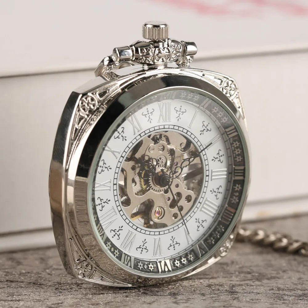 Silver Roman Numeral Square Dial Mechanical Hand Winding Pocket Watch Open Face Elegant Retro Pendant Manual Mechanism Timepiece