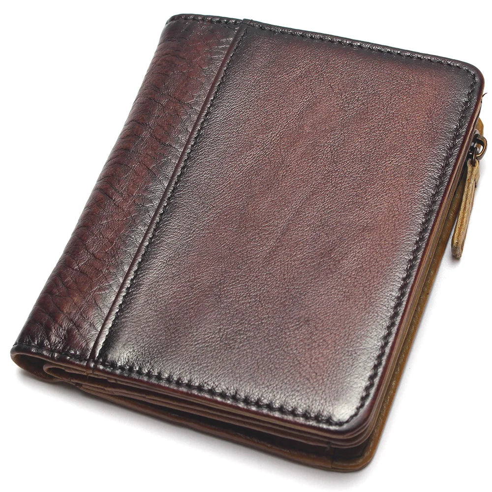 Natural Leather RFID Blocking Men's Top Layer Brushed Wallet Handmade Retro Pure Coin Purse