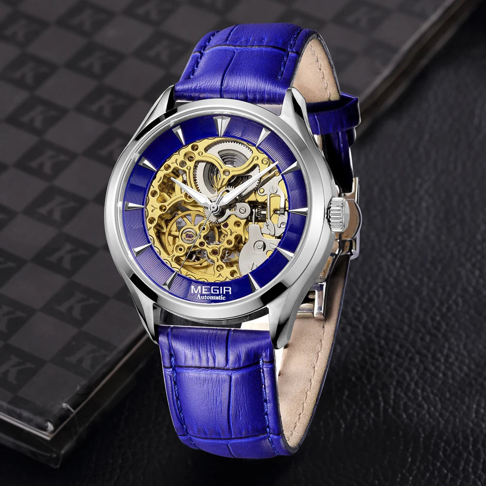 MEGIR Men's Watches Hollow Out Mechanical Watch Automatic Waterproof Wristwatch Leather Strap Business Casual Clock 62020