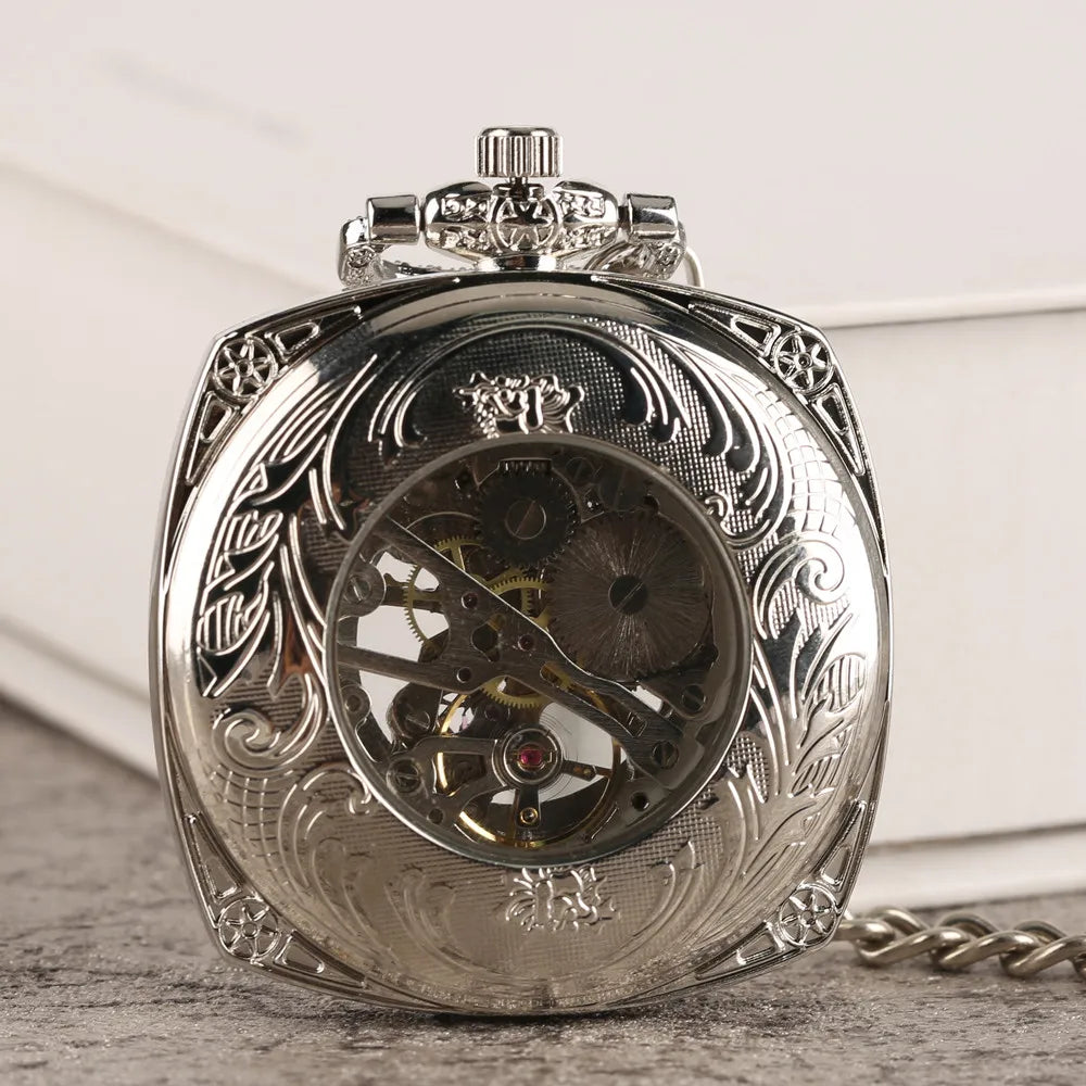 Silver Roman Numeral Square Dial Mechanical Hand Winding Pocket Watch Open Face Elegant Retro Pendant Manual Mechanism Timepiece