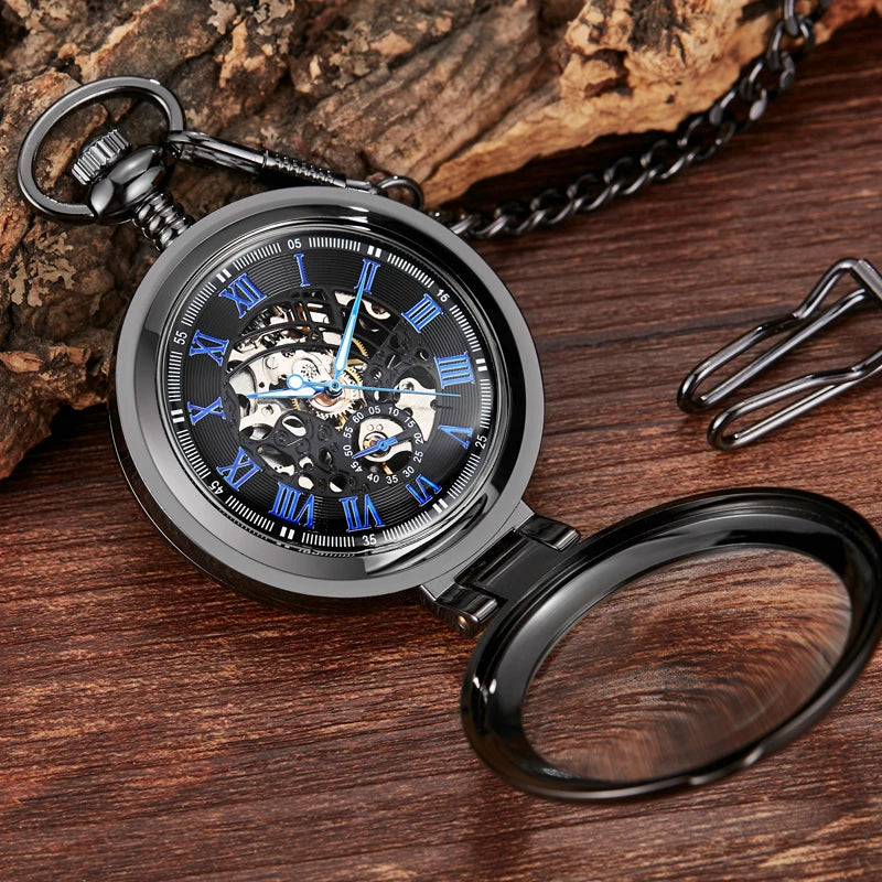 Gorben Transparent Cover Mechanical Pocket Watch Men Fashion Retro Casual Skeleton Dial Silver Hand Wind Male Fob Chain Watches