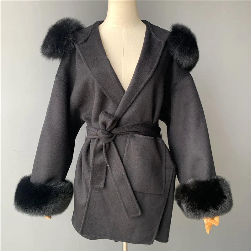 2024 Real Fur Coat Hood Winter Jacket Women 100% Natural Fox Fur Collar Cuffs Cashmere Wool Blend Oversize Outerwear New Loose
