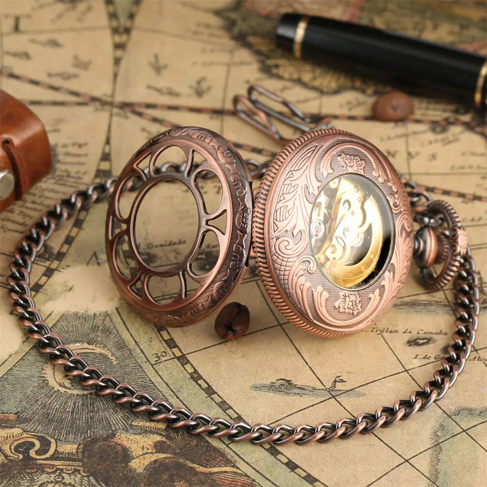 Rose Gold/Black Pumpkin Flower Hollow Mechanical Pocket Watch Roman Numerals Display Luxury Pendant Pocket Clock Gift with Chain