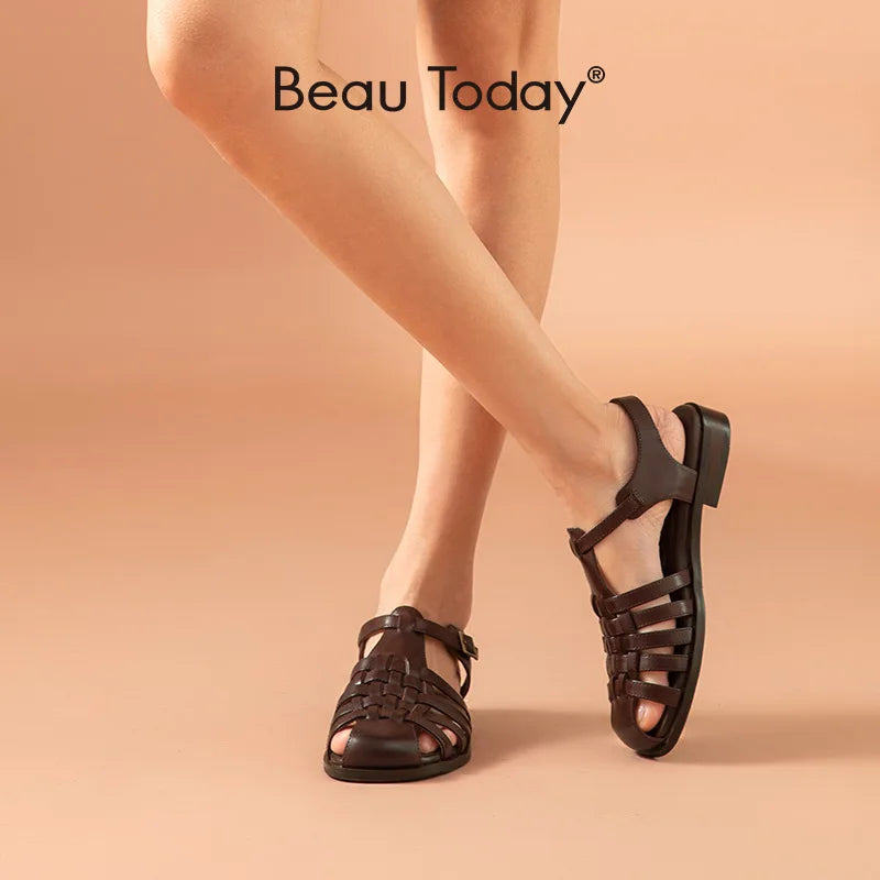 BEAUTODAY Gladiator Sandals Women Genuine Cow Leather Cover Toe Ankle Buckle Strap Ladies Retro Summer Flat Shoes Handmade 33037