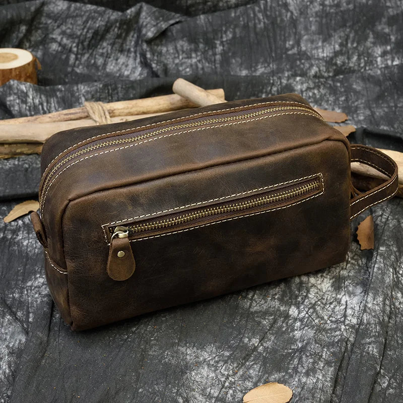 Vintage Men's Genuine Leather Clutch Bag Brown Cow Leather Storage Bag travel Toiletry kits wash bag genuine leather men women
