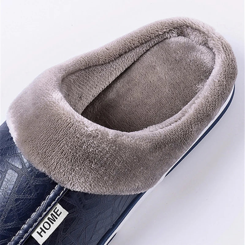 New Women Winter Slippers Indoor PU Leather Waterproof Cotton slippers Warm Home Fur Couple Non-slip Slipper Platform Shoes