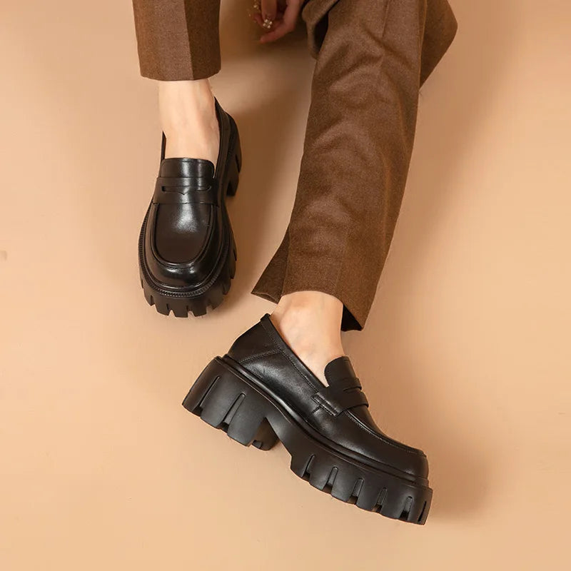 BEAUTODAY Platform Penny Loafers Women Genuine Cow Leather Round Toe 2023 Slip On Chunky Sole Ladies Casual Shoes Handmade 27733