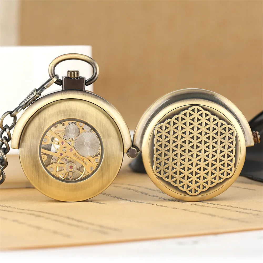 Steampunk Bronze Mechanical Pocket Watch Retro Creative Rotating Cover Roman Numeral Display Manual Mechanism Pendant Male Clock