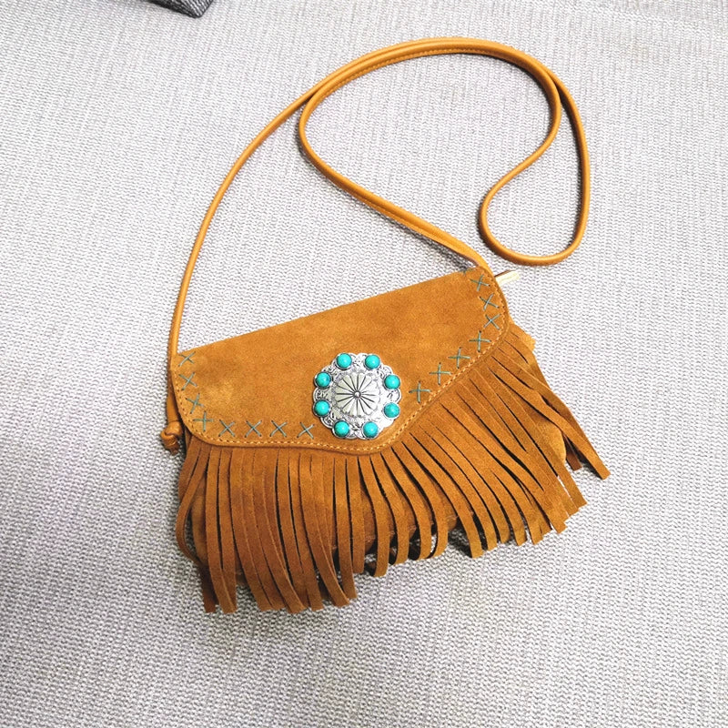 Female Genuine Leather Bohemian Gypsy Handbag 2025 Fashion Natural Suede Fringes Tribal Boho Chic Small Messenger Bag for Women