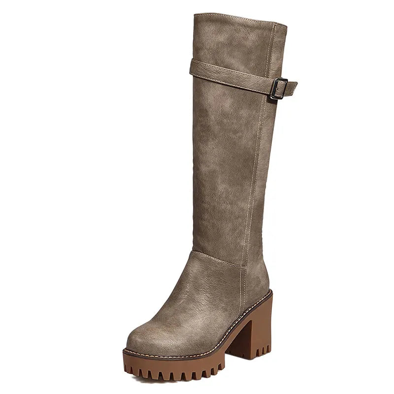 Lasyarrow Women Knee high Boots Autumn Winter Lace Up Thick High Heel Shoes Sexy punk PU Retro Buckle women shoes Ladies Boots