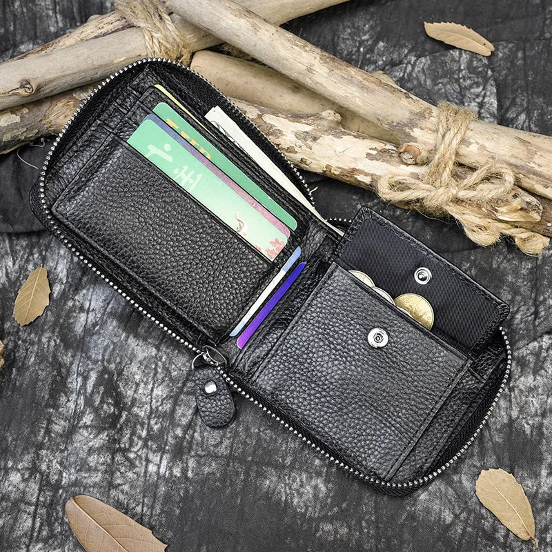 Luufan Genuine Leather Short Wallet Men Women Natural Cowskin Short Purse With Coin Pocket Zipper Around Card Purse Small Wallet
