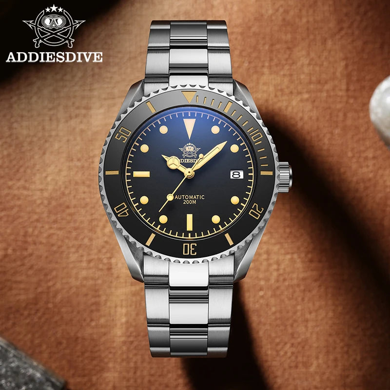 ADDIESDIVE 2101 Men's Automatic Watch NH35 Stainless Steel Wrist Watch Black Matte Dial Super Luminous 200m Diving Watches