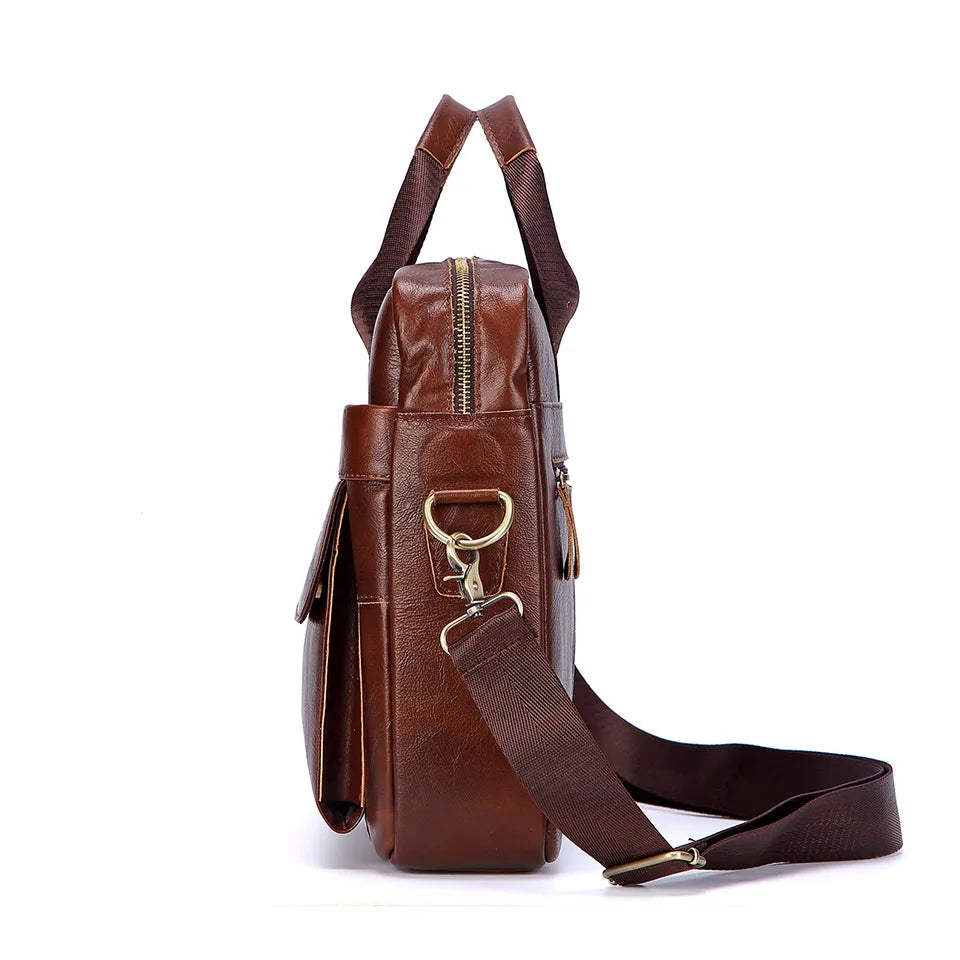 Men Genuine Leather Handbag Fashion Office 14 inch Laptop Briefcase Bag Male Computer Shoulder Bags Men's Business Document Bag