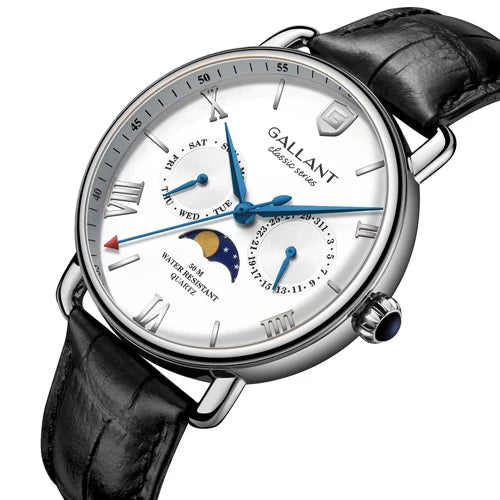 GALLANT Quartz Watch Luxury Moon Phase Leather Wristwatch Waterproof Dress Vintage Relogio Masculino